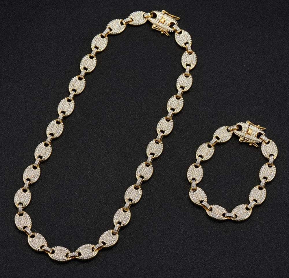 Hip Hop Jewelry Iced Out Rhinestone Coffee Bean Chain Necklace Full Diamond Pig Nose Necklaces Gold Filled Jewelry